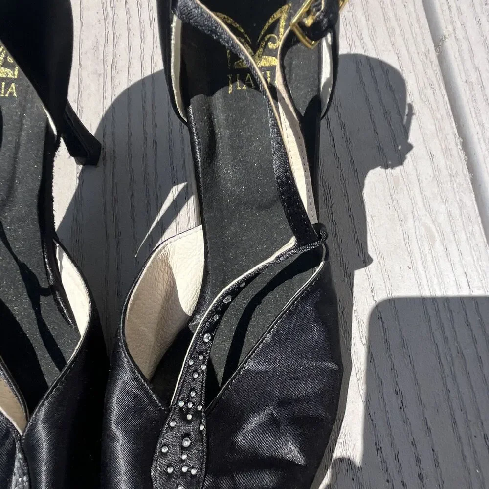 Jiajia Women’s Black Satin Ballroom Dance Shoes T-Strap Rhinestone Heels Size 10